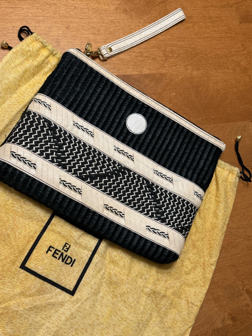 Fendi Vintage Black & off white Woven Zip Wristlet/pouch